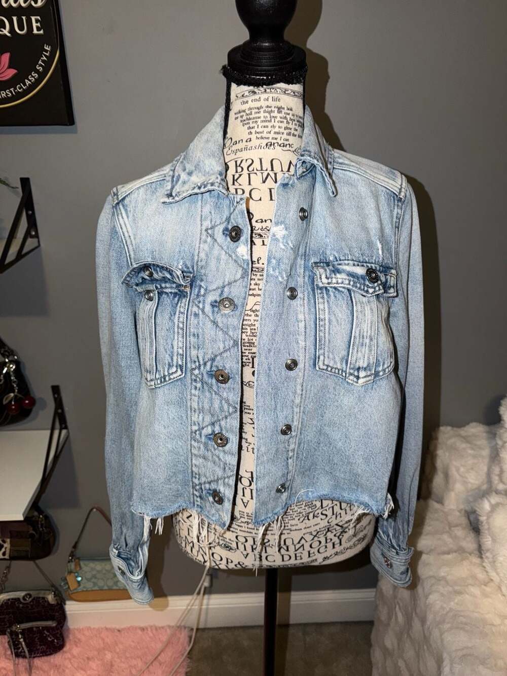 AllSaints Maisy Denim Shirt Jacket Light Blue Raw Hem US 4 UK 8